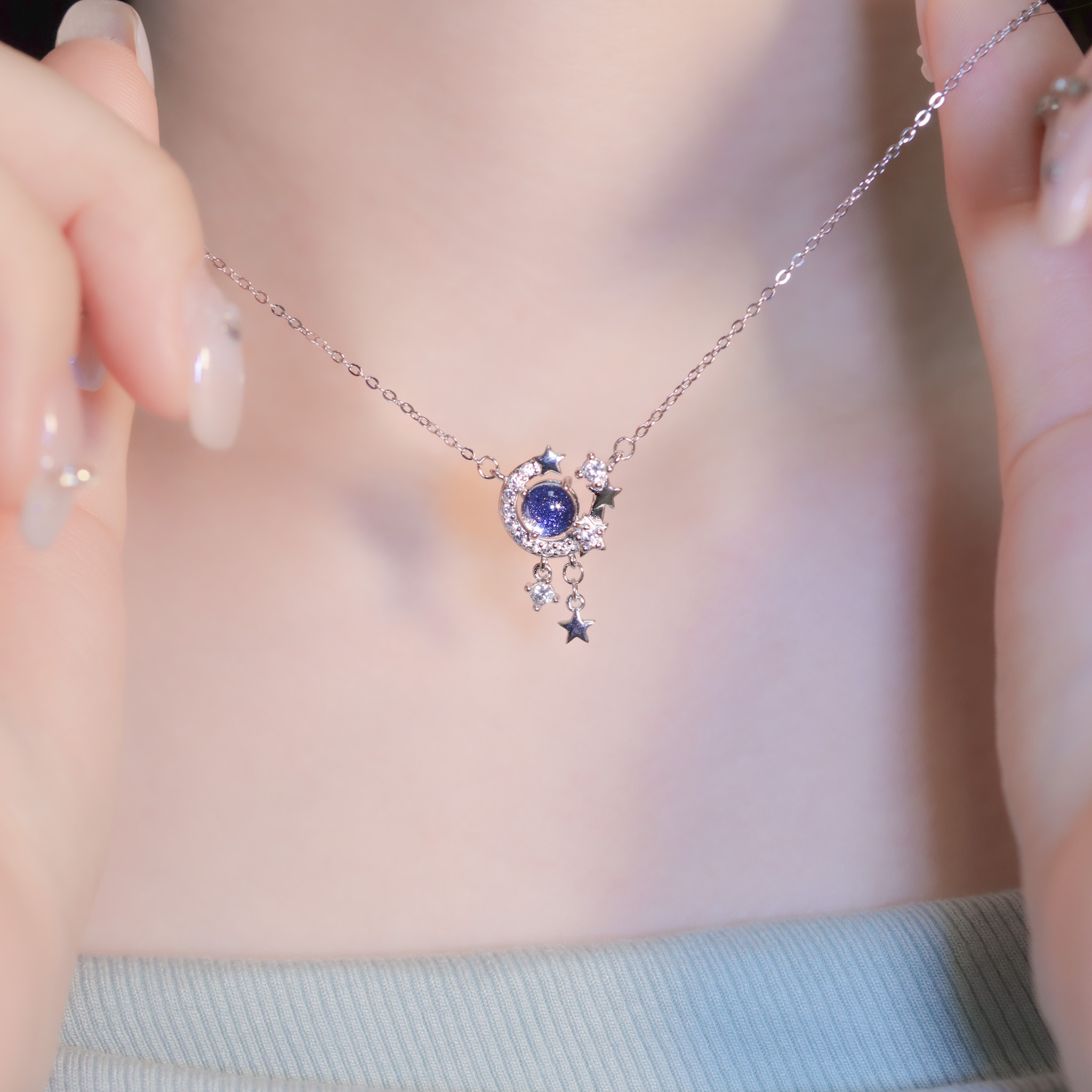 | 925純銀・厚鍍白金・ 琉璃 | 漫藍星意滿瀉項鍊| NE1382 |