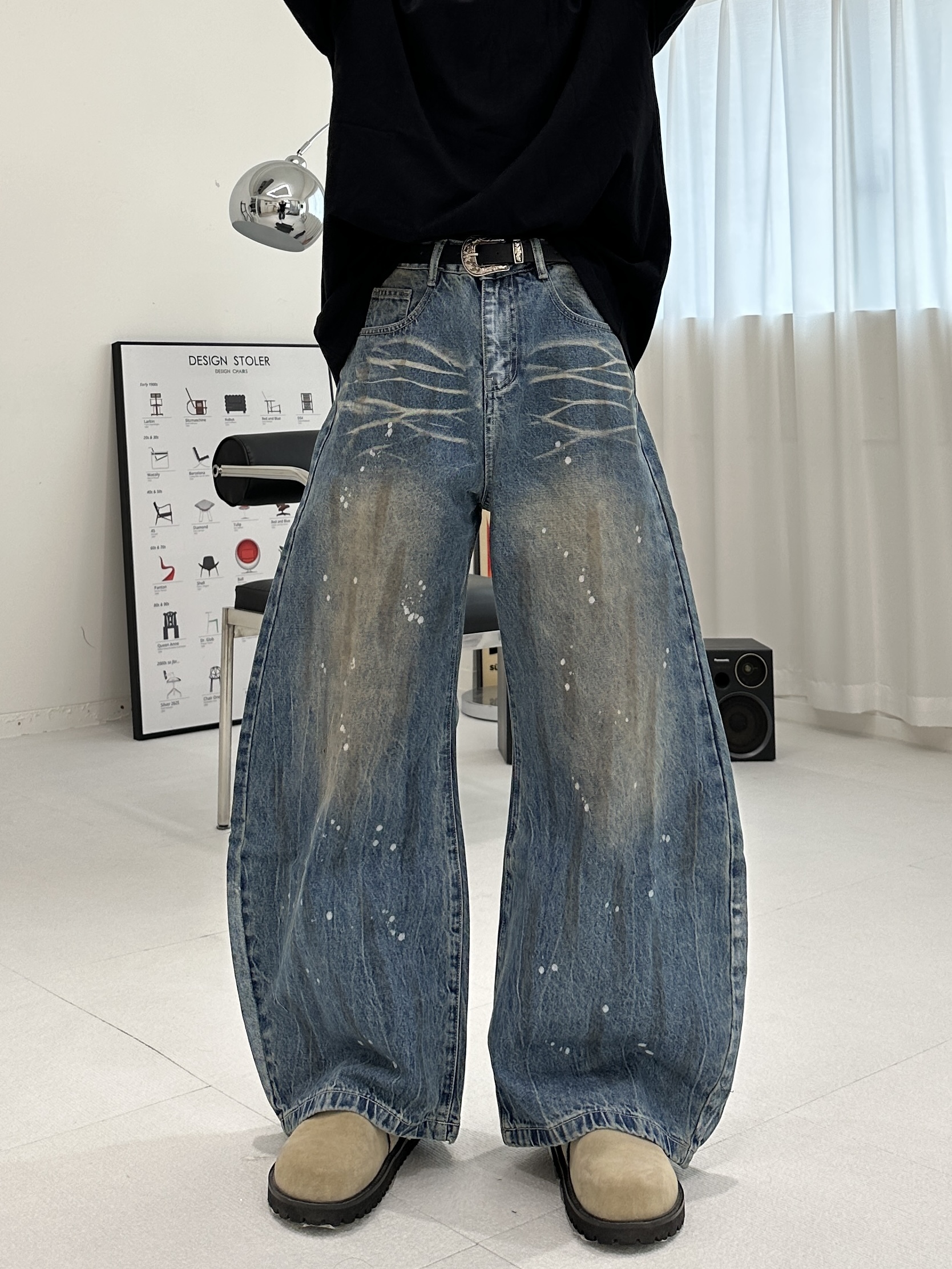 爆裂紋 潑漆 彎刀牛仔褲
