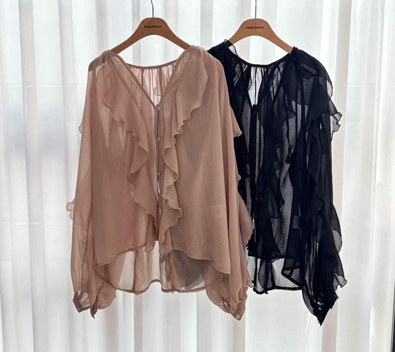 PM4220 復古荷葉邊透膚上衣 - 杏色