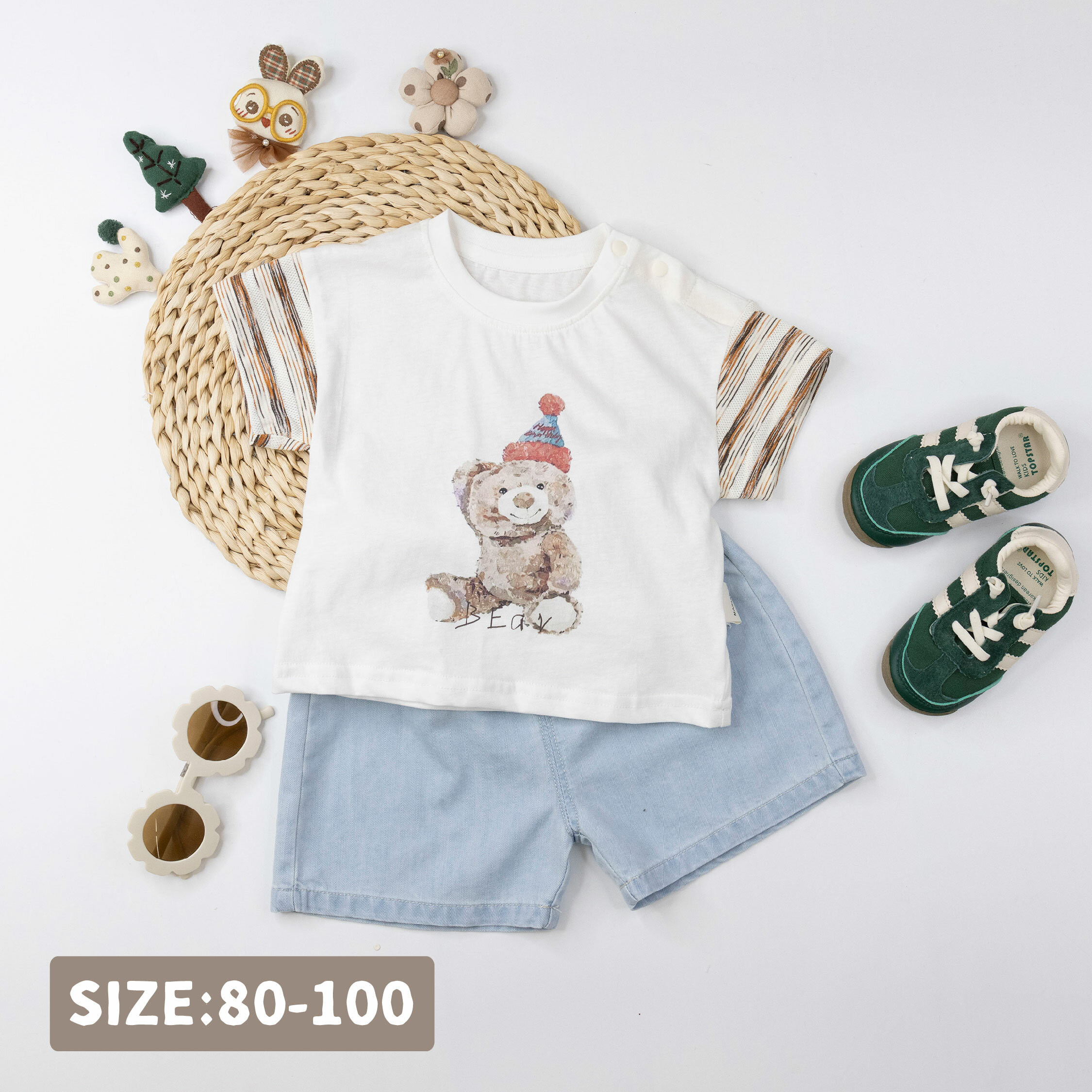 可愛熊熊戴毛帽舒適圓領上衣/短T (H50438)