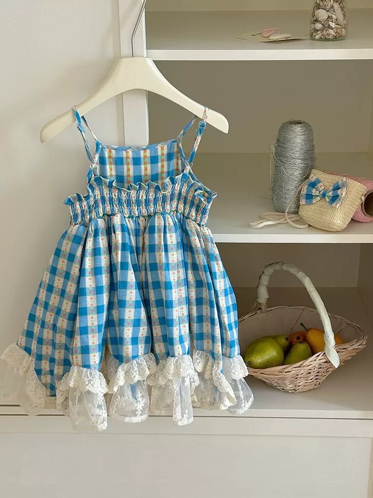蕾絲拼接藍格子背心洋裝