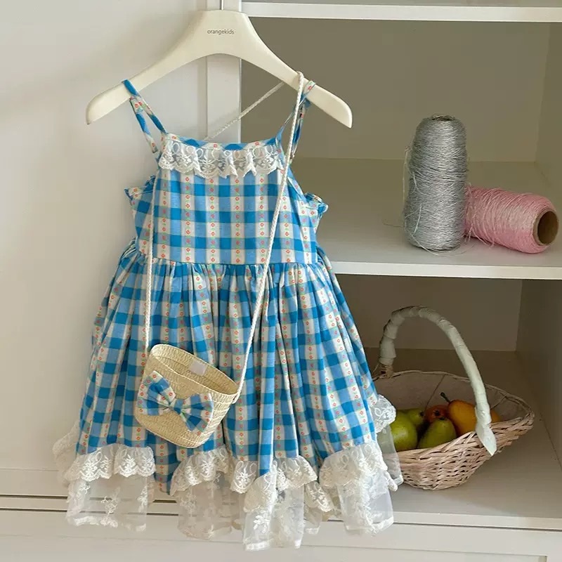 蕾絲拼接藍格子背心洋裝