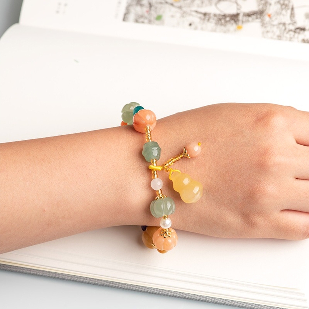 手串 手環 手鍊女 金絲玉 黃玉 手工編織 新中式 小眾設計 復古風 個性 玉石 手鍊 葫蘆 南瓜 多寶手串 禮物018