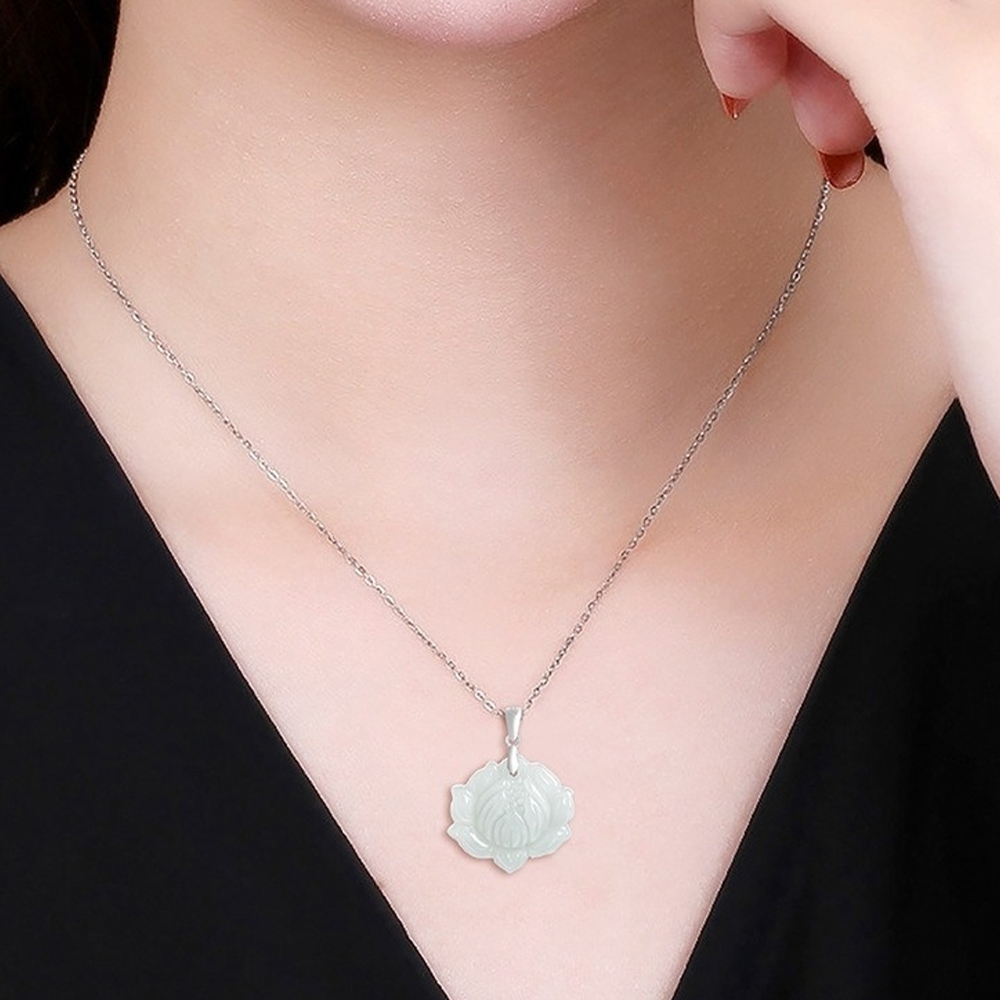 925 純銀項鍊 翡翠 蓮花 冰種玉 玉墜 玉石 玉佩 玉項鍊 飾品 招財進寶 新中式 送長輩 送女生 禮物 016
