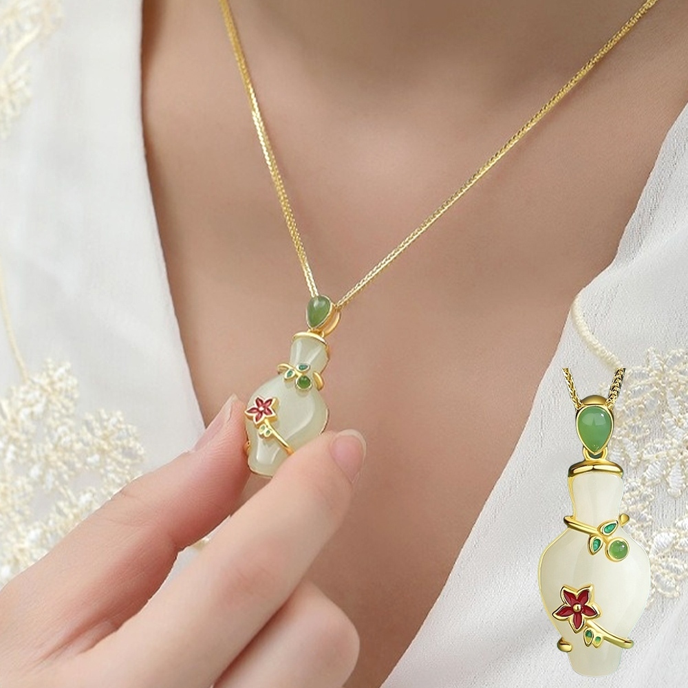 925 純銀 鍍金 天然石 和田玉 青花瓷 項鍊女 新中式 花瓶 高級感 輕奢 飾品 鎖骨鏈 小眾設計 情人節禮物372