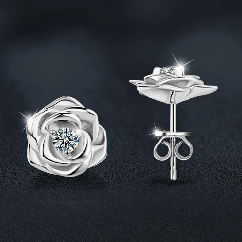 耳環女 莫桑鑽 玫瑰花 耳釘 925純銀 小眾設計 輕奢 高級感 簡約ins風 通體純銀 耳飾 造型耳環 韓國耳環092