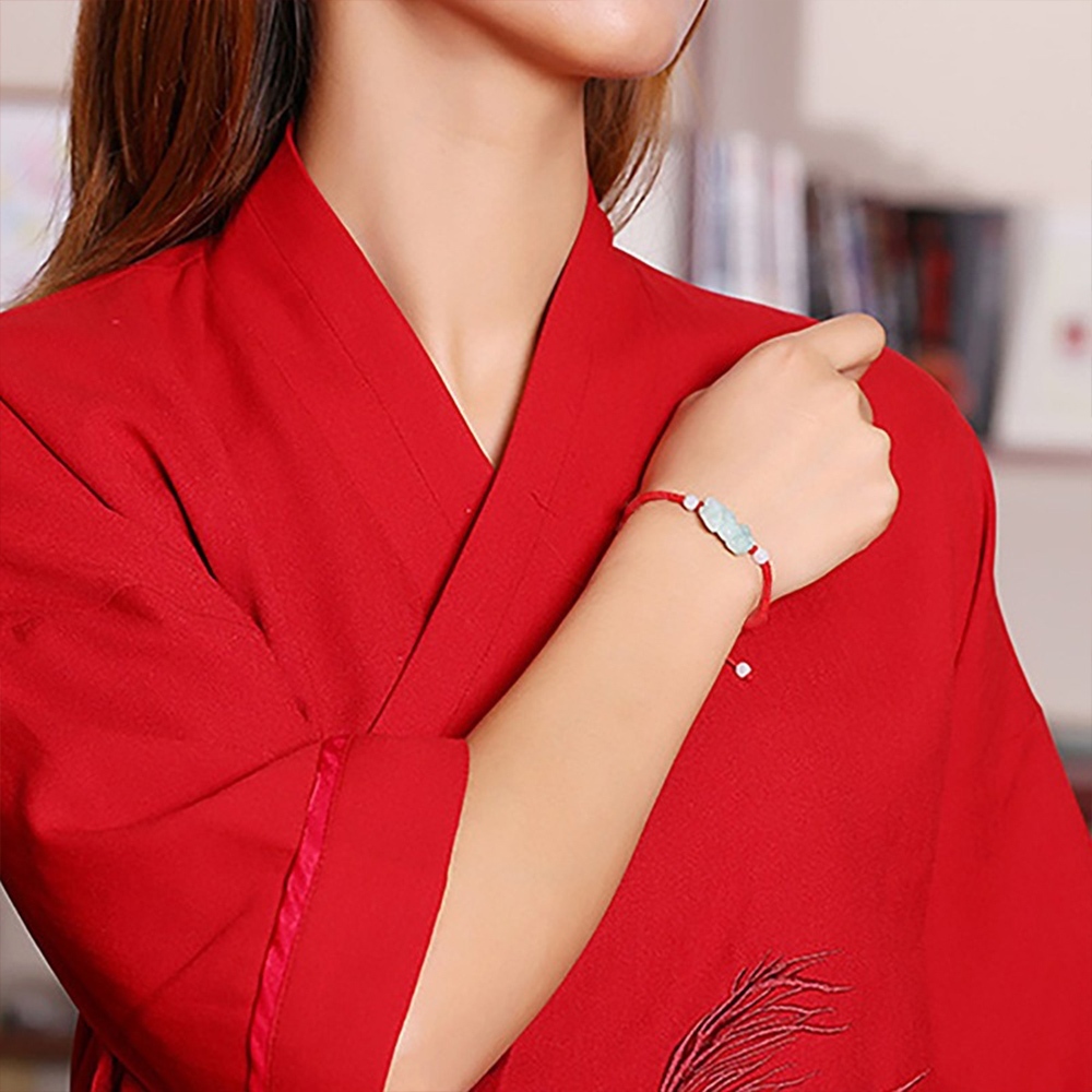 手繩 翡翠 玉貔貅 手工編織 飾品 本命年 紅繩 開運 幸運手環 招財納福 情侶手鍊 可調節 男女通用 生日禮物 002