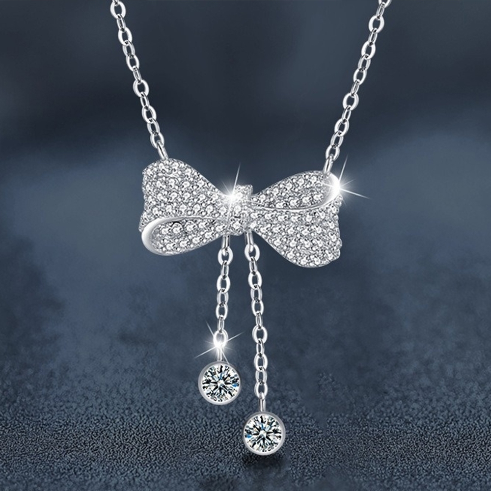 流蘇項鍊 蝴蝶結 吊墜 925 純銀 莫桑石 飾品 項鍊女 高級感 鎖骨鏈 個性項鍊 ins風 韓國飾品 交換禮物368