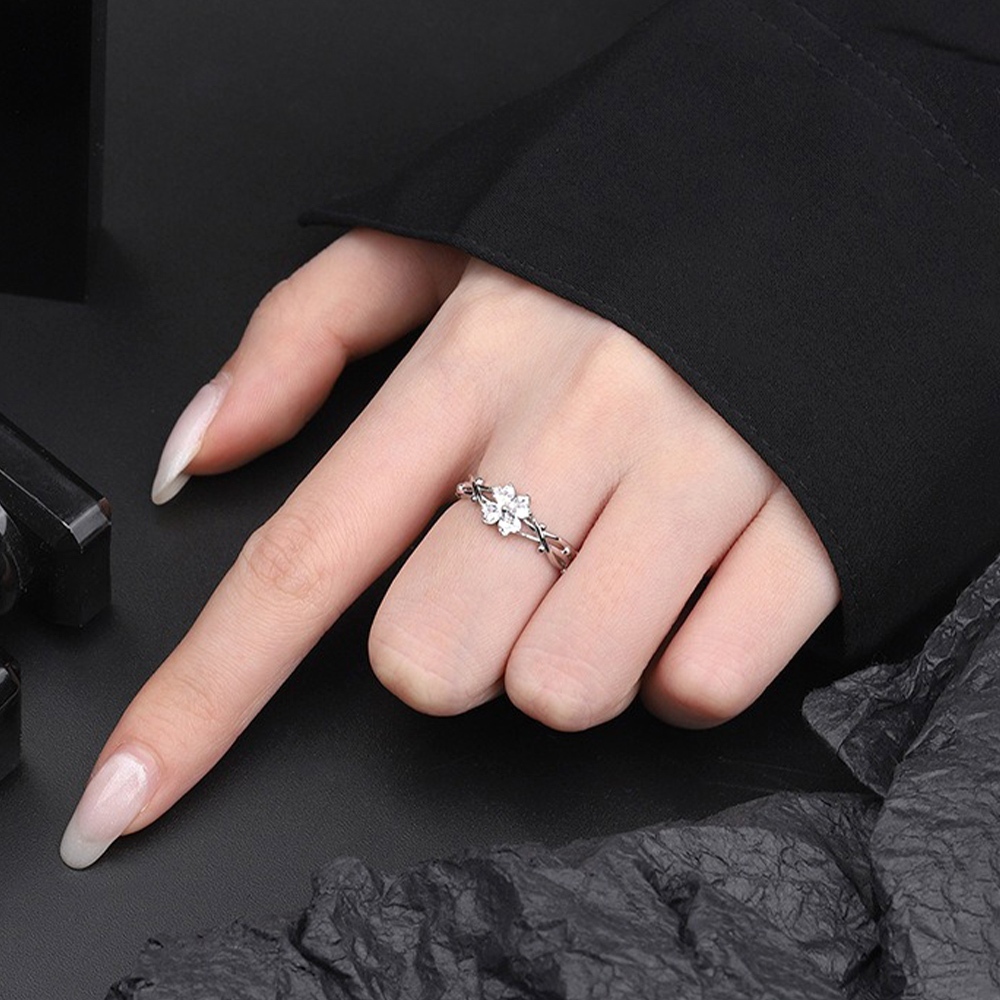 戒指女 指環 高級感 999 純銀 荊棘戒指 四葉草 開口 可調節戒指 森系 食指戒 鋯石 小眾設計 情侶戒指 166