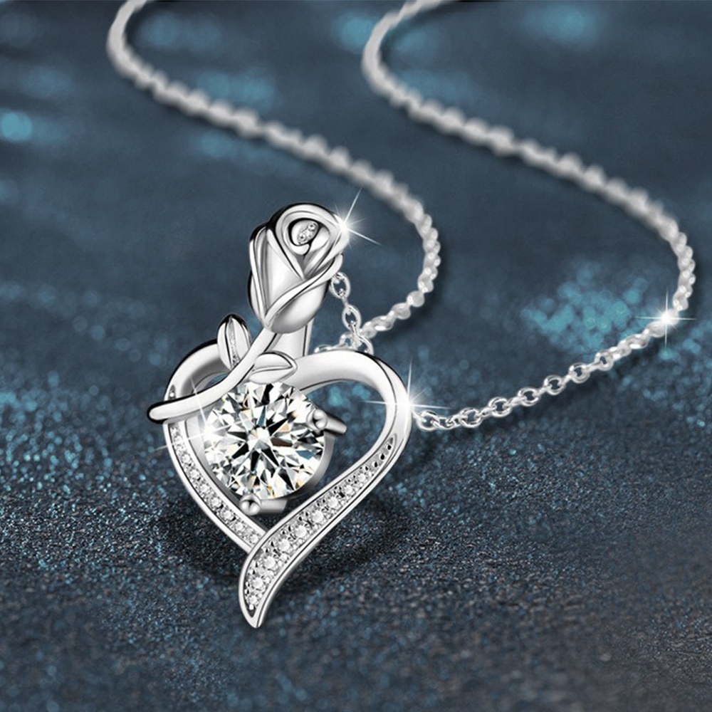 項鍊 頸鏈 鎖骨鏈 925純銀 愛心項鍊 玫瑰項鍊 莫桑鑽 吊墜 配飾 飾品 高級感 毛衣鏈 氣質項鍊 穿搭配件 363