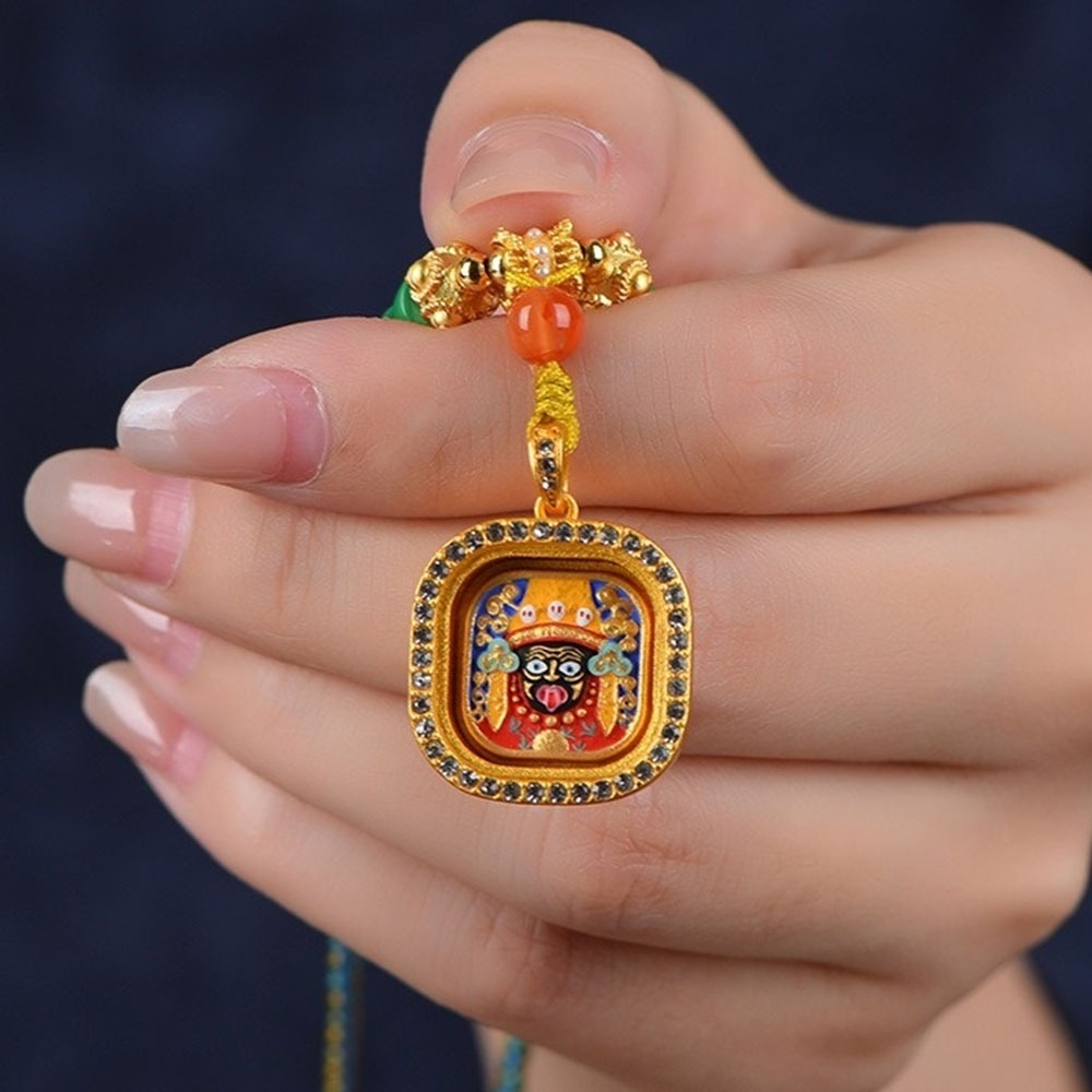 項鍊 手工編織 唐卡 手繪 編繩 新中式 文玩 復古項鍊 財神 補財庫 招財 守護神 護身符 方形吊墜 配件 飾品240