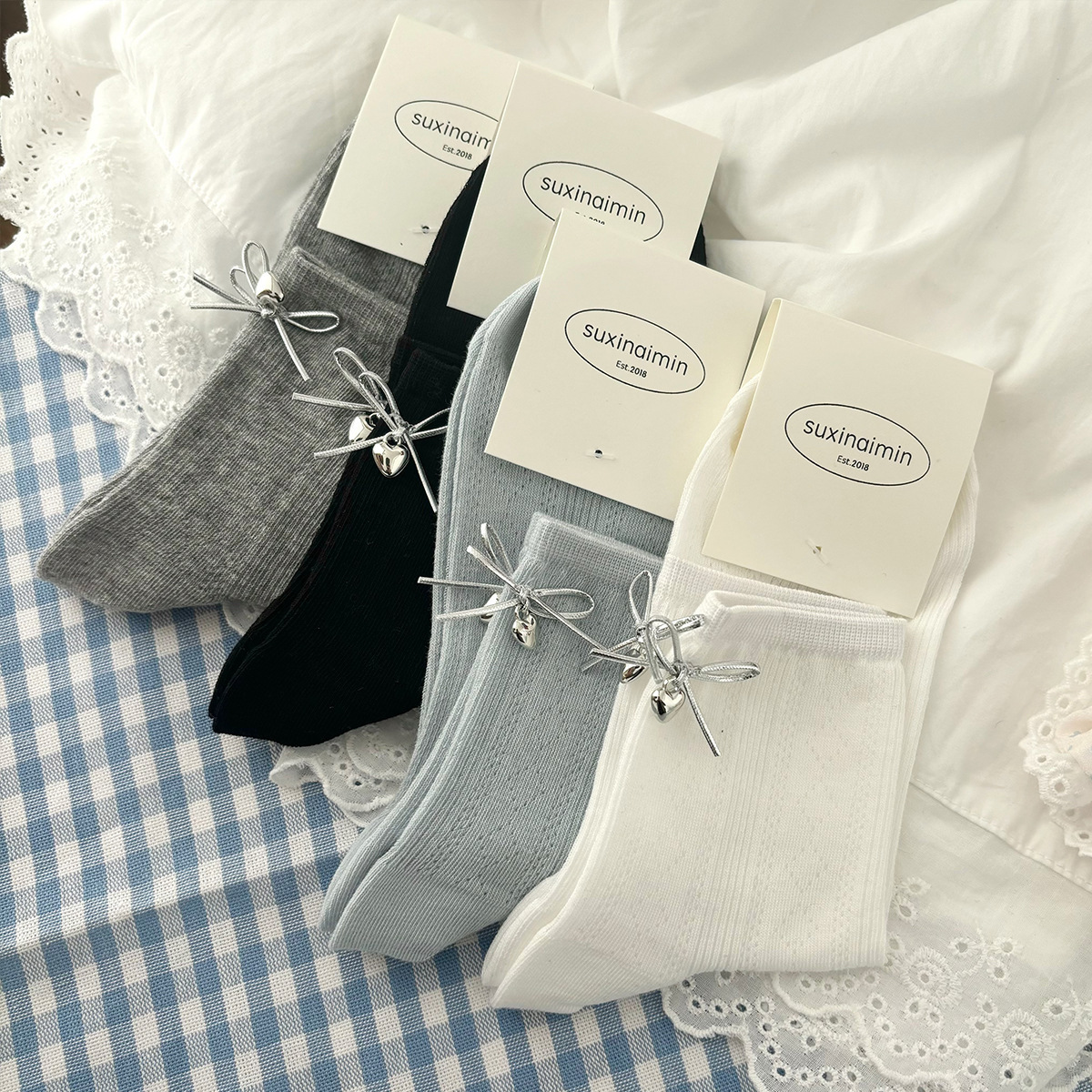 《5923》♾️少女立體銀色愛心蝴蝶結中筒襪