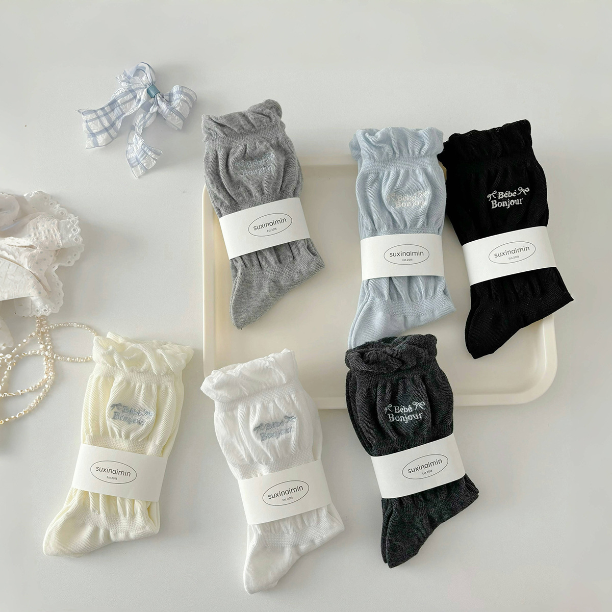 《5924》♾️韓系少女刺綉字母泡泡中筒襪