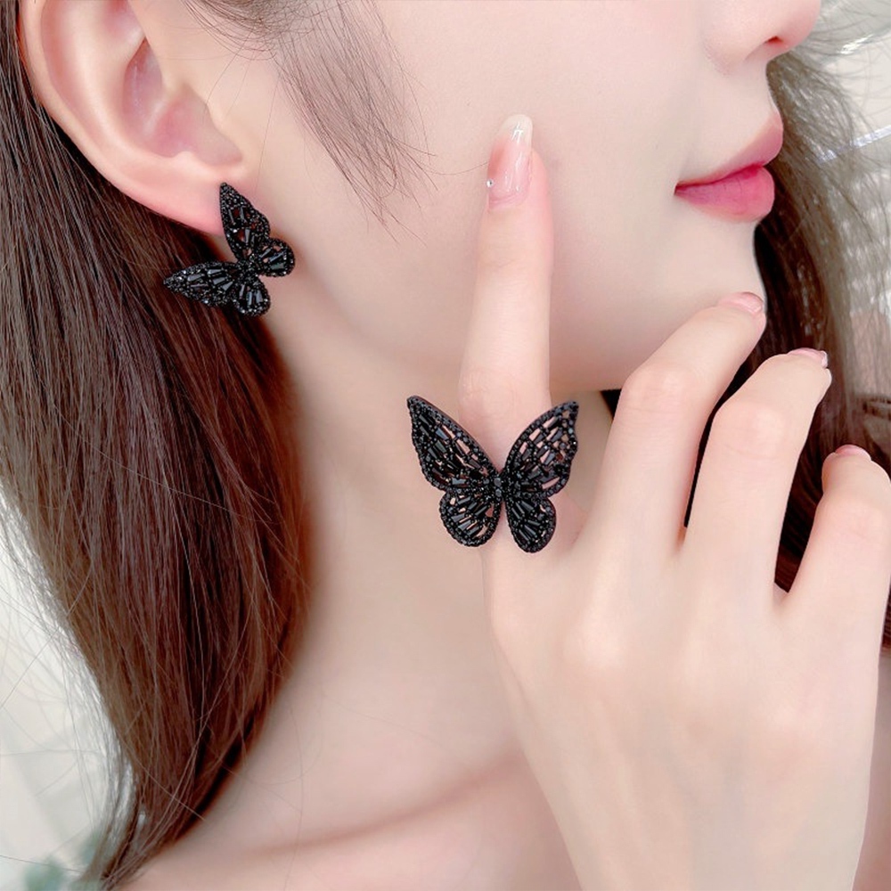 耳環女 925純銀耳環 首飾 蝴蝶戒指 造型耳環 耳釘 抗敏耳環 ins風 鋯石耳環 開口戒指 可調節 高級感 155