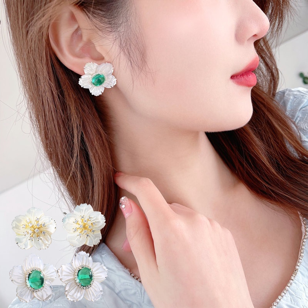 耳環女 925純銀耳環 復古耳環 花耳環 貝殼耳環 造型耳環 耳釘 抗敏耳環 ins風 皓石耳環 個性耳環 禮物 069