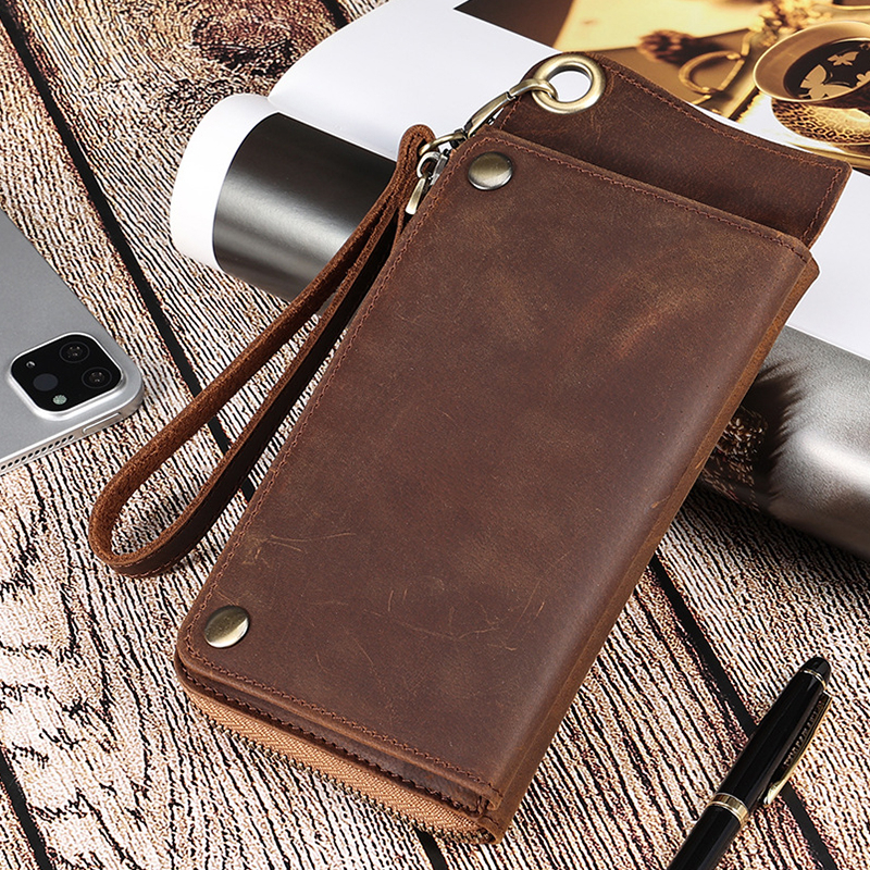 男生長夾 男士多卡位真皮钱包 复古大容量手拿包 男款防盜防磁疯马皮 长款钱包 真皮零錢包 票卡零錢包 精品長夾 033