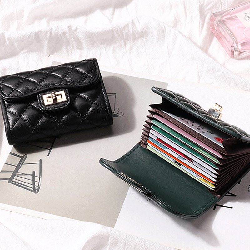 女生錢包 皮包短夾 歐美簡約牛皮包包 包包女 真皮錢包 卡包女真皮 氣質搭扣多卡位 菱格繡線卡夾 真皮包包 071