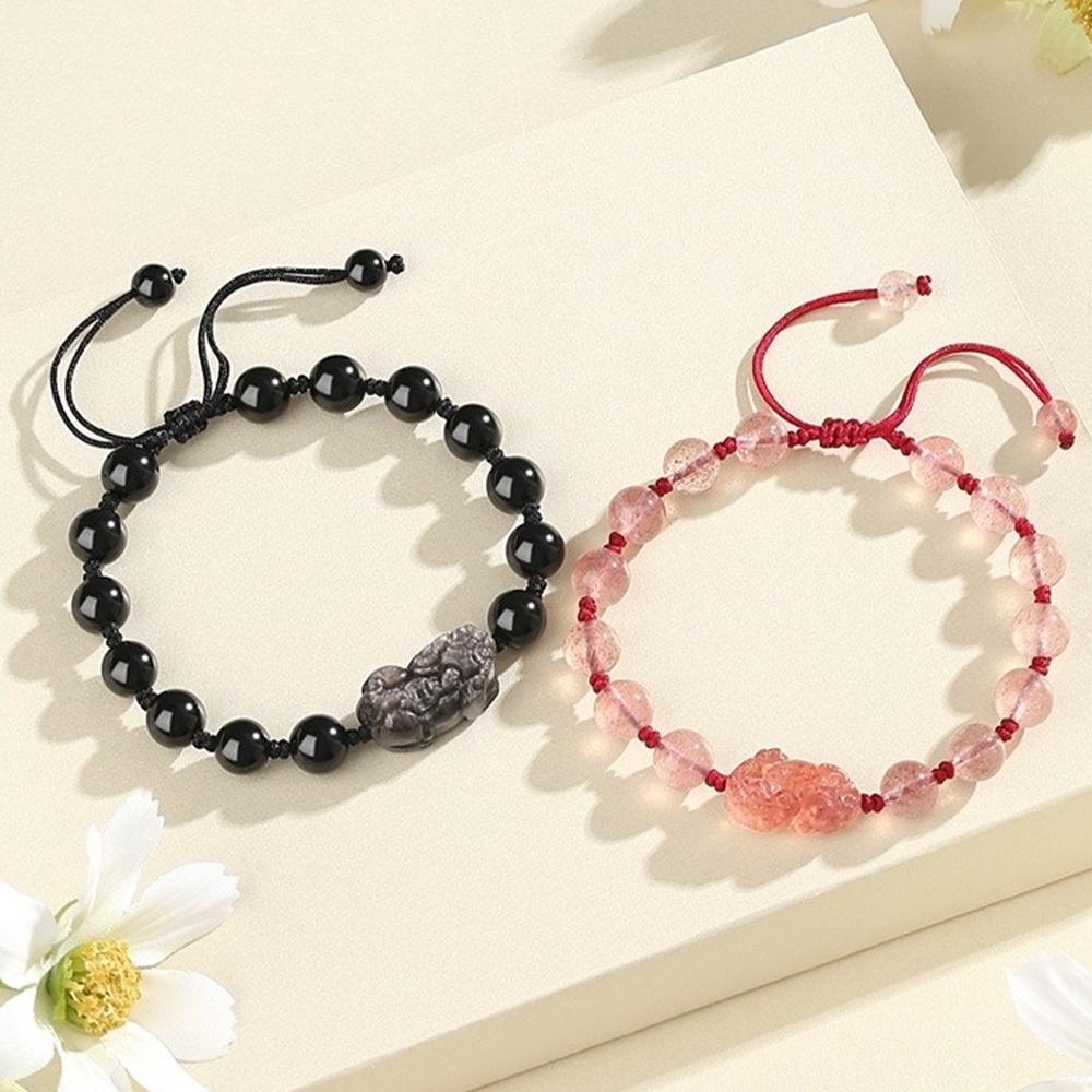 水晶手鍊 草莓晶 黑曜石 銀耀石 招財納福 招桃花 手工編織 手鍊 手環 串珠 貔貅 情侶手鍊 飾品 情人節禮物 305