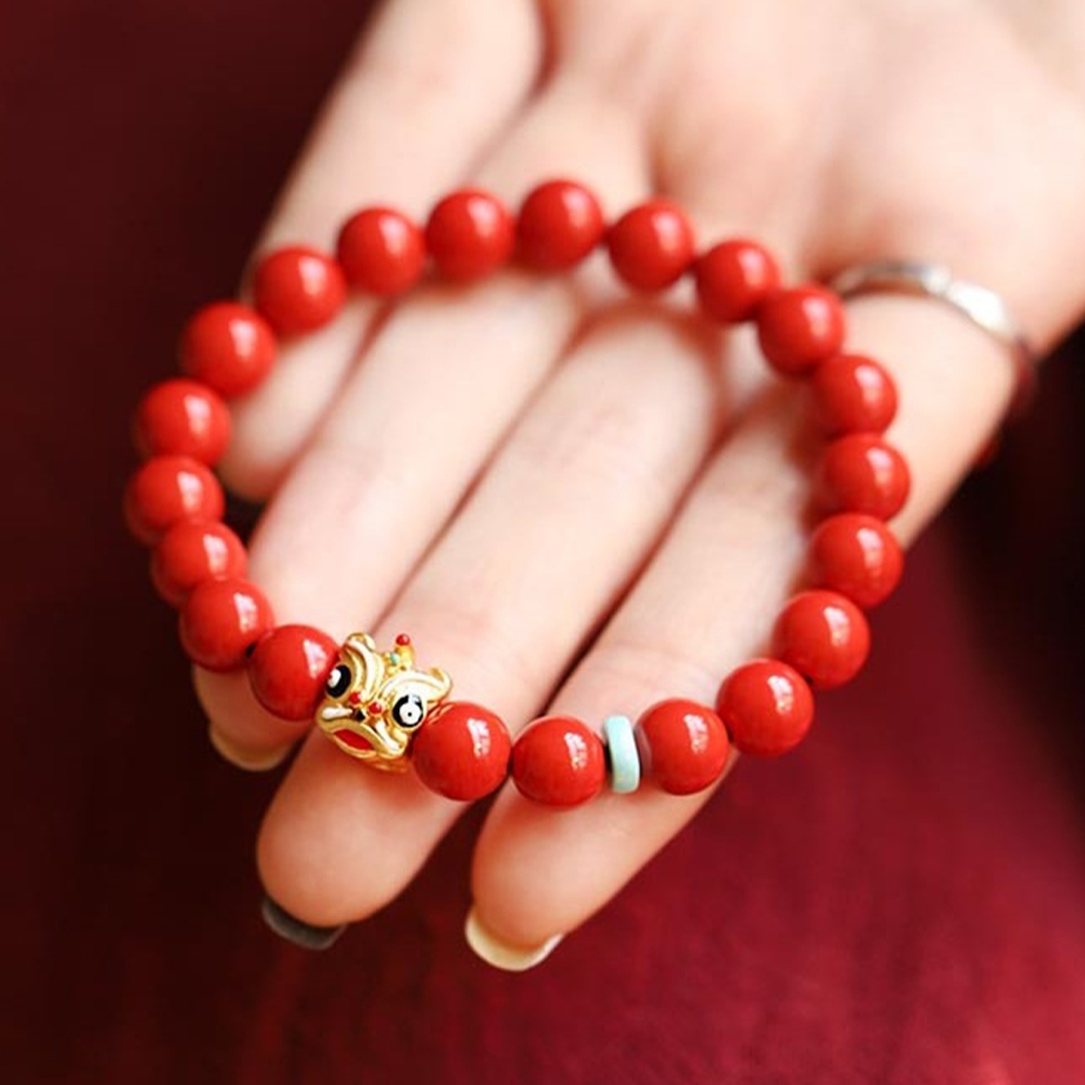 手鍊女 硃砂手鍊 硃砂手串 手鍊 手珠 手串 護身符 避邪手鍊 招財納福 保平安 硃砂佛珠 送媽媽 醒獅吊飾 211