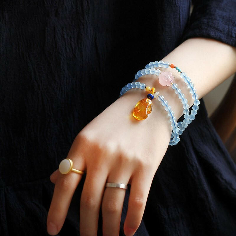 手串 佛珠 手鍊 項鍊 海藍寶手串 多圈手串 佛珠 飾品 蜜蠟吊墜手鍊 造型項鍊 藍色項鍊 串珠手環 女生禮物 178