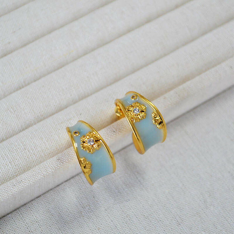 耳環 耳勾 C型耳環 法式耳環 復古耳環 耳飾 手工耳環 珐琅耳環 花朵耳環 耳圈 純銀耳還 藍色耳環 女生禮物 066