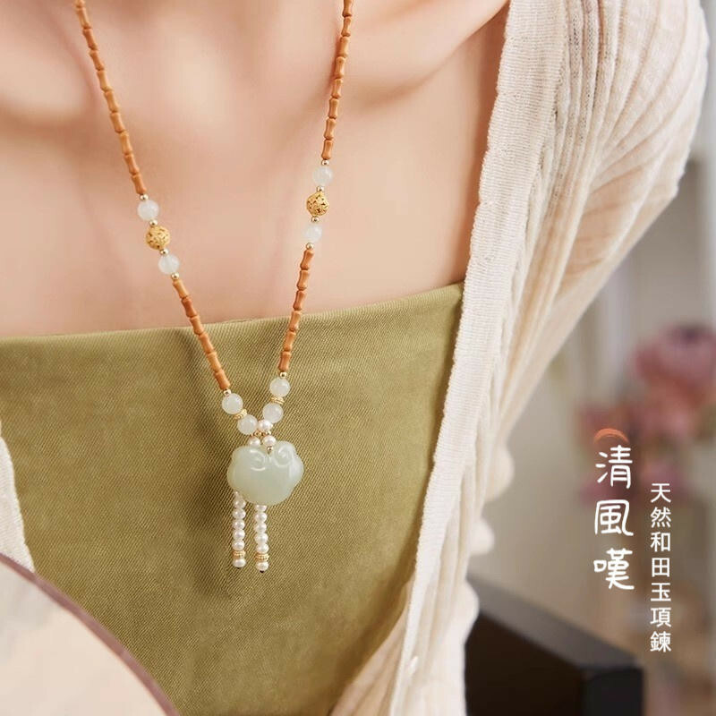 項鍊 和田玉項鍊 長項鍊 玉項鍊 竹節項鍊 長項鍊 橄欖核 毛衣鍊 女項鍊 高級感 玉墜項鍊 趨吉避凶 保平安 168