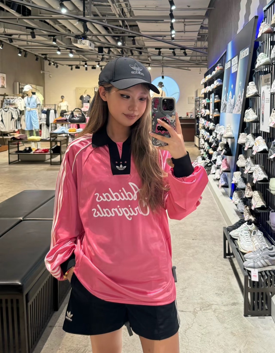 adidas Originals 條紋長袖Polo衫 粉色 男女同款