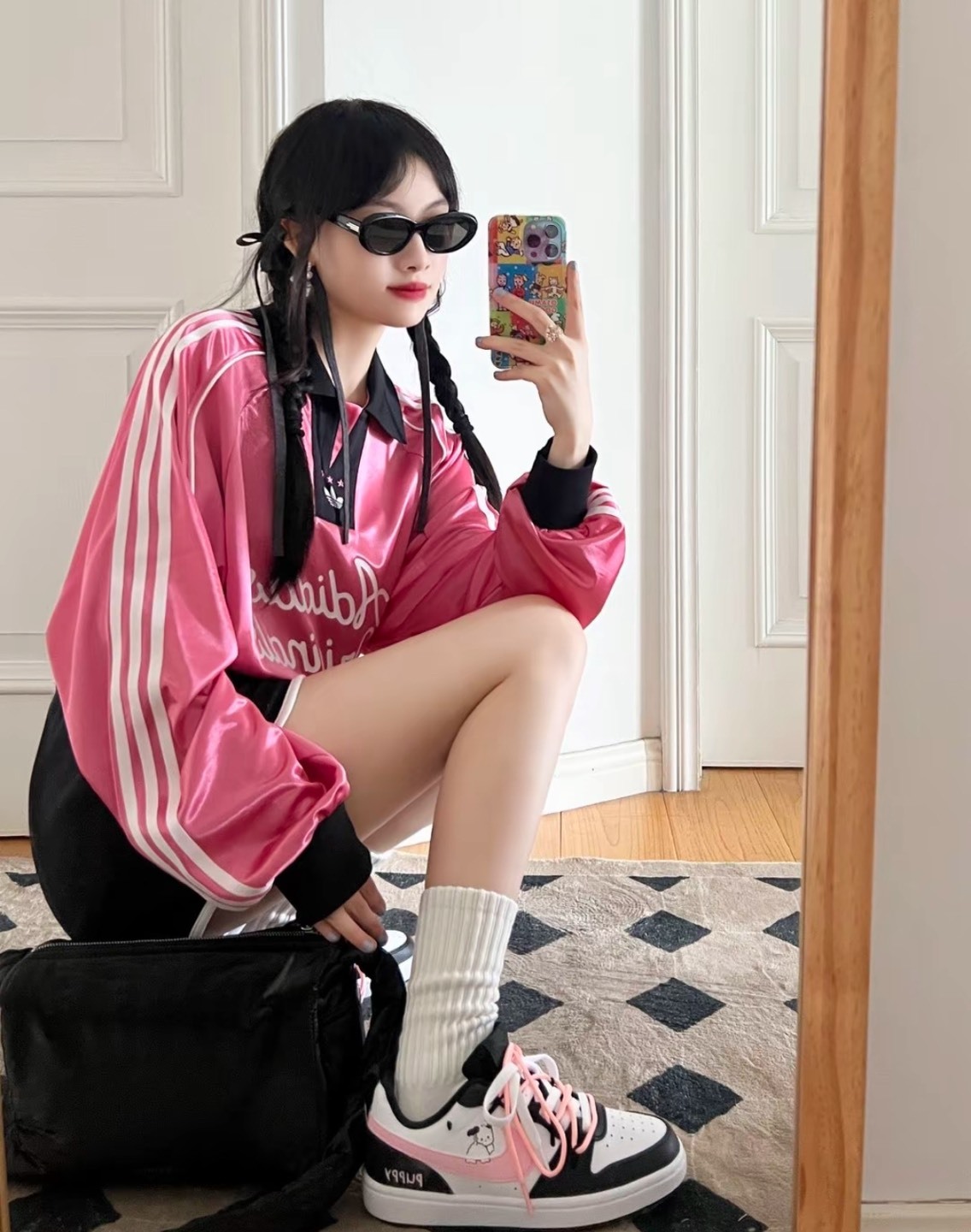 adidas Originals 條紋長袖Polo衫 粉色 男女同款