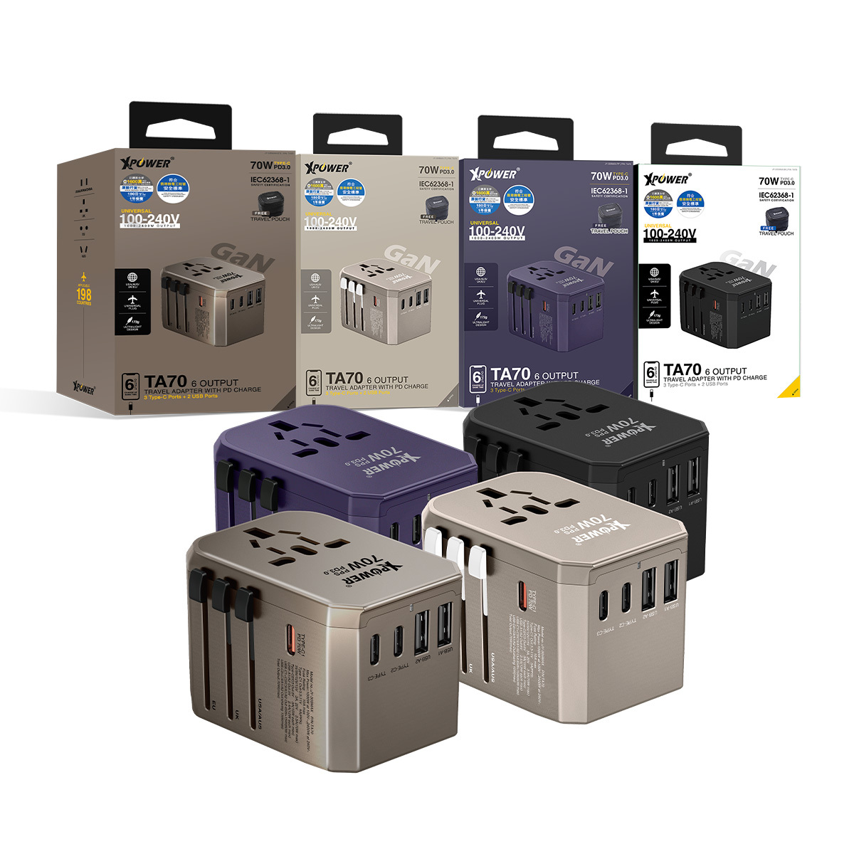 XPower TA70 6輸出PD/PPS 70W Gan旅行充電器