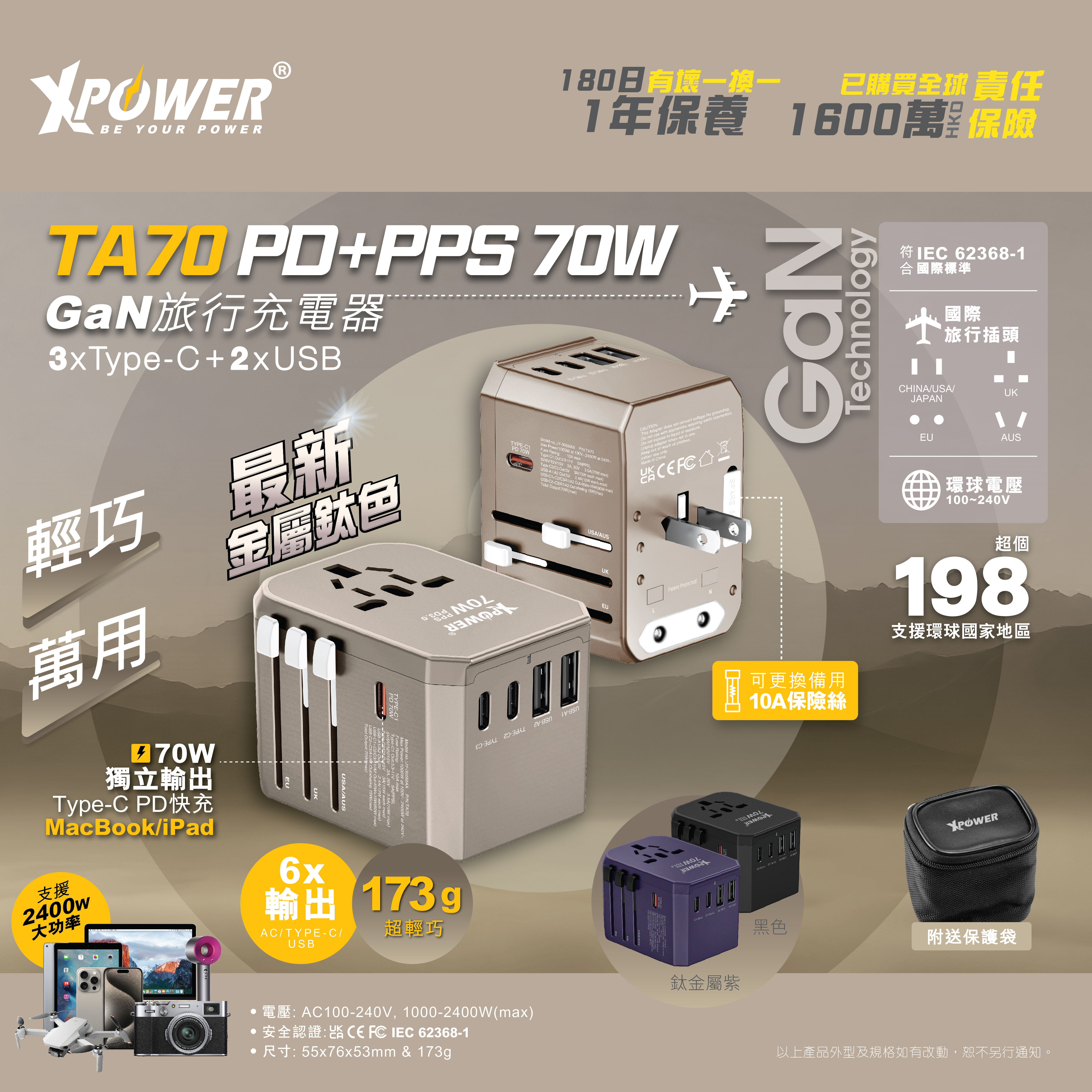 XPower TA70 6輸出PD/PPS 70W Gan旅行充電器