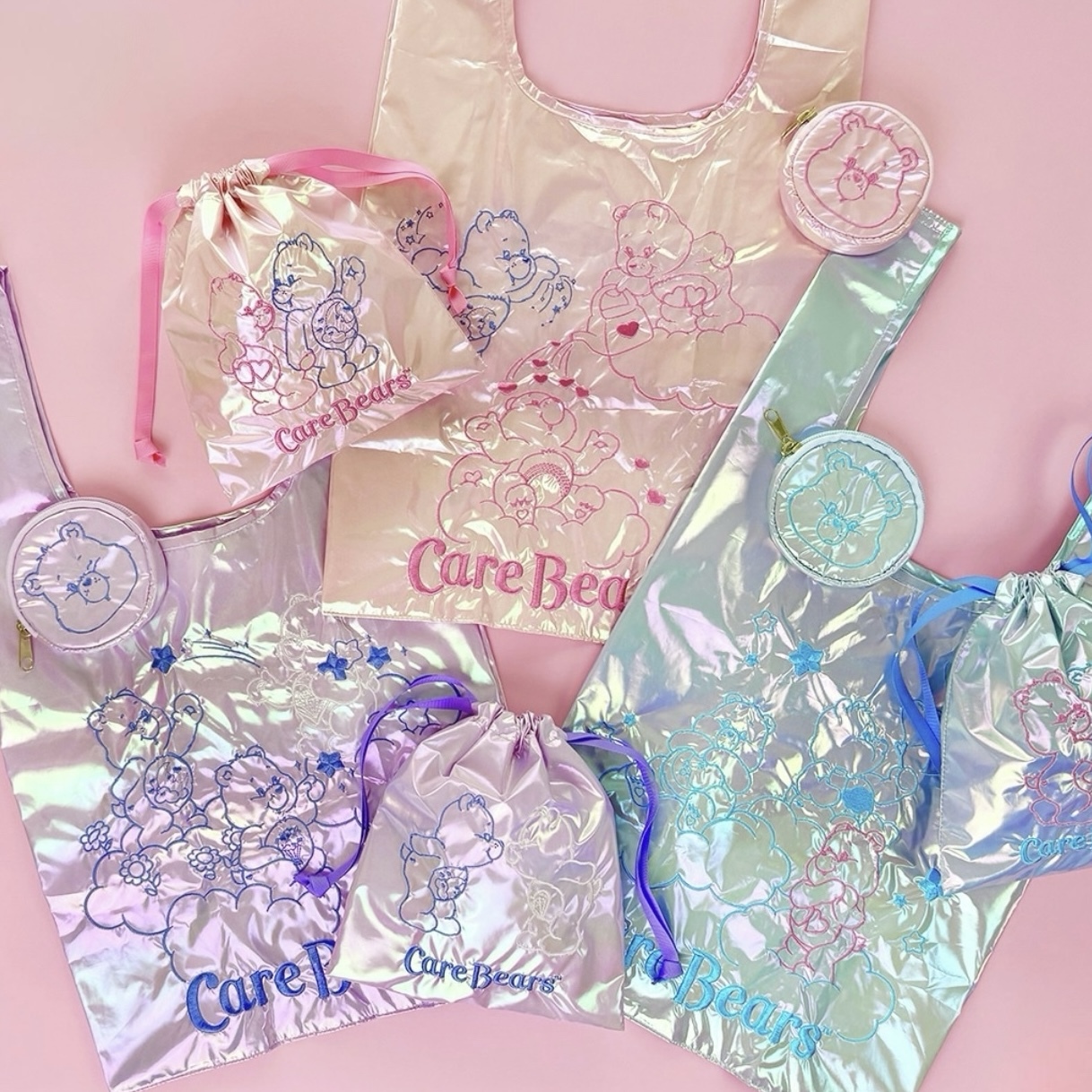 CARE BEARS 彩虹熊 雷射 亮面 手提袋/束口袋/收納小包 日本限定