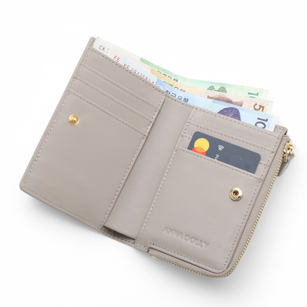 ANNA DOLLY 簡約時尚多卡位真皮短夾 淺卡其