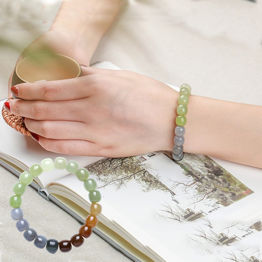 手鍊 手串 佛珠 和田玉手鍊 和田糖玉 烟紫和田玉 新疆老料 漸變多寶手鍊 糖三彩手串 老型桶珠手串 生日禮物 124