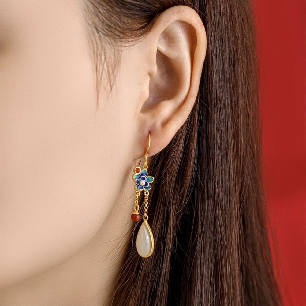 耳環 耳勾 吊墜耳環 和田玉耳環 純銀耳環 金色耳環 古裝耳環 民族風 耳墜 耳飾 玉耳環 女生禮物 氣質耳環 060