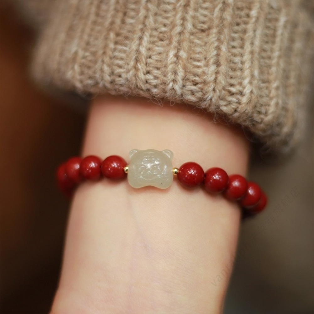 硃砂手鍊 原礦手串 化太歲 老虎手鏈 生肖手鍊 和田玉手鍊 本命年 紫金砂 單圈手串 兒童手鍊 保平安 生日禮物 096