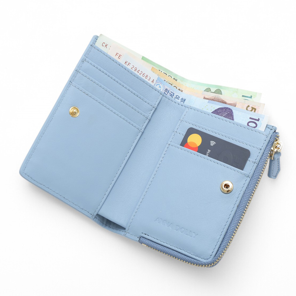 ANNA DOLLY 簡約時尚多卡位真皮短夾 淺藍色