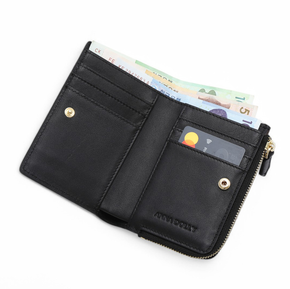 ANNA DOLLY 簡約時尚多卡位真皮短夾 經典黑