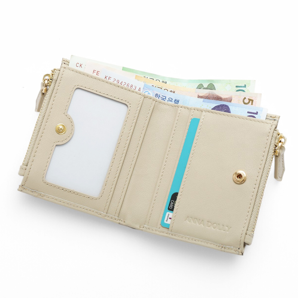 ANNA DOLLY 韓系真皮雙拉鍊摺疊短夾-燕麥米