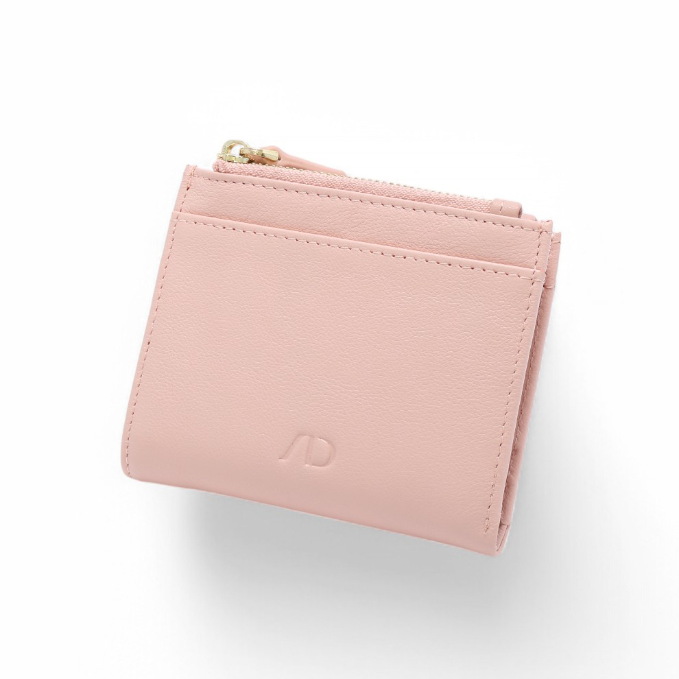 ANNA DOLLY 韓系真皮雙拉鍊摺疊短夾-櫻花粉