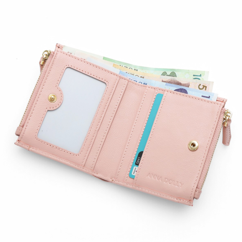 ANNA DOLLY 韓系真皮雙拉鍊摺疊短夾-櫻花粉