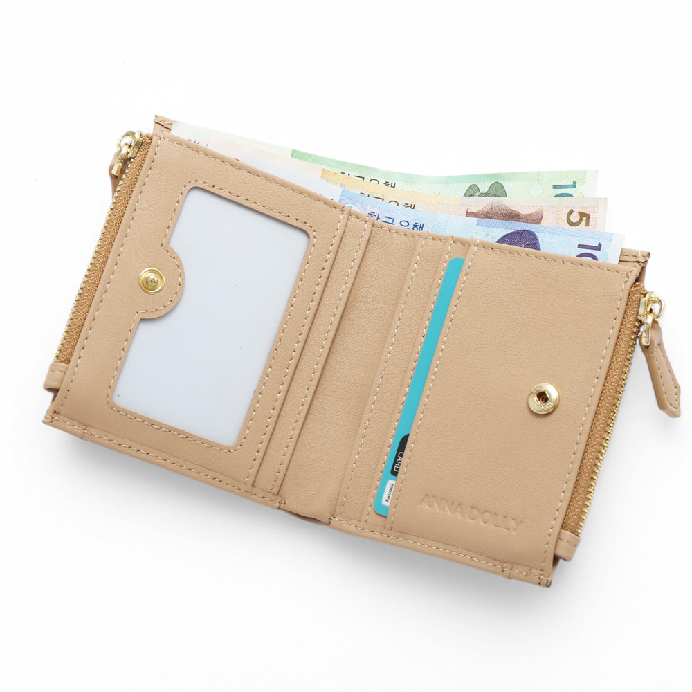 ANNA DOLLY 韓系真皮雙拉鍊摺疊短夾-奶茶