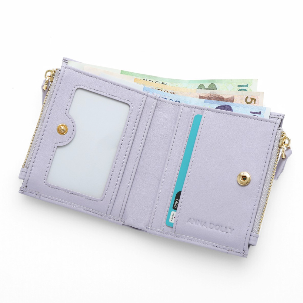 ANNA DOLLY 韓系真皮雙拉鍊摺疊短夾-薰衣草紫