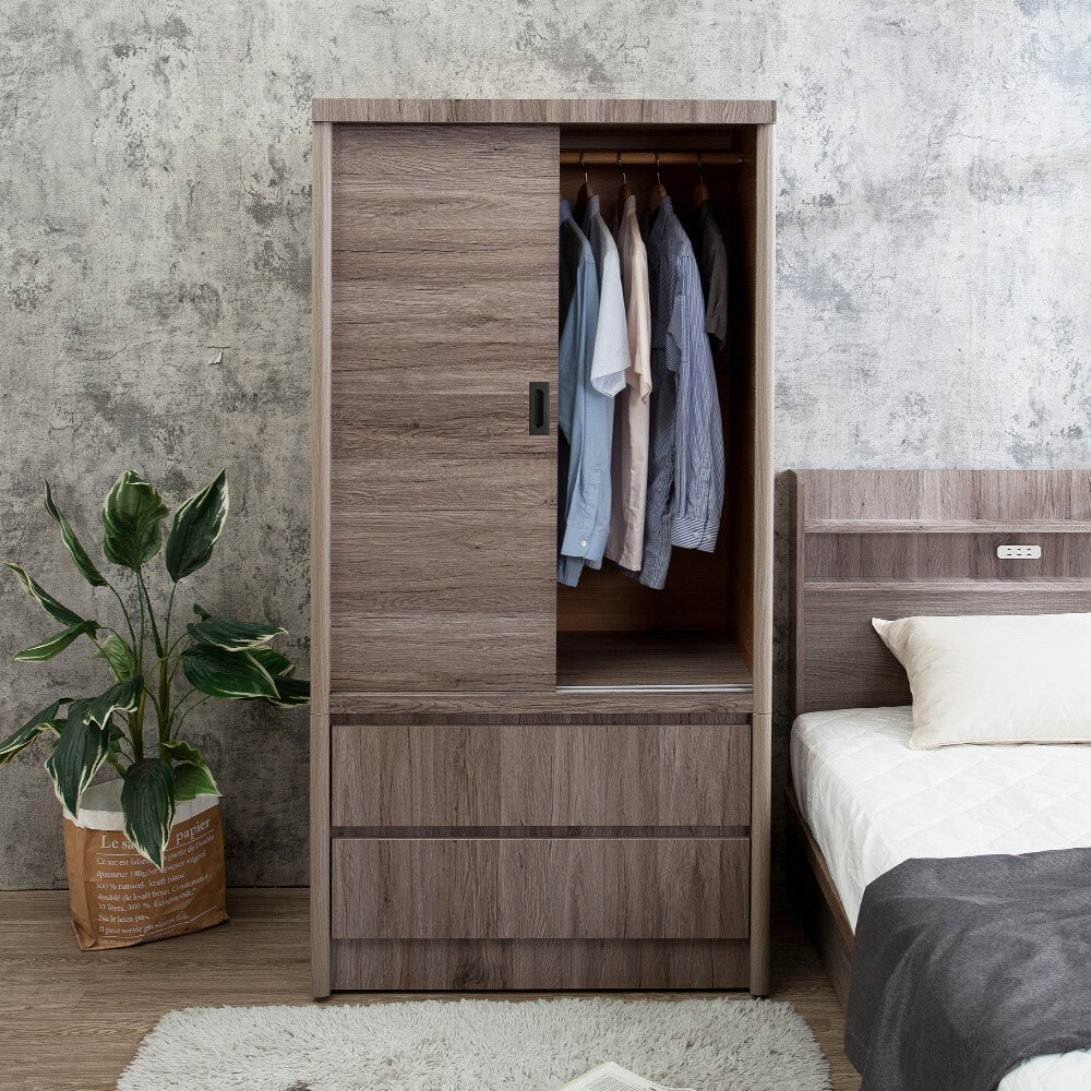 米恩3尺推門/拉門二抽收納衣櫃(六色可選)