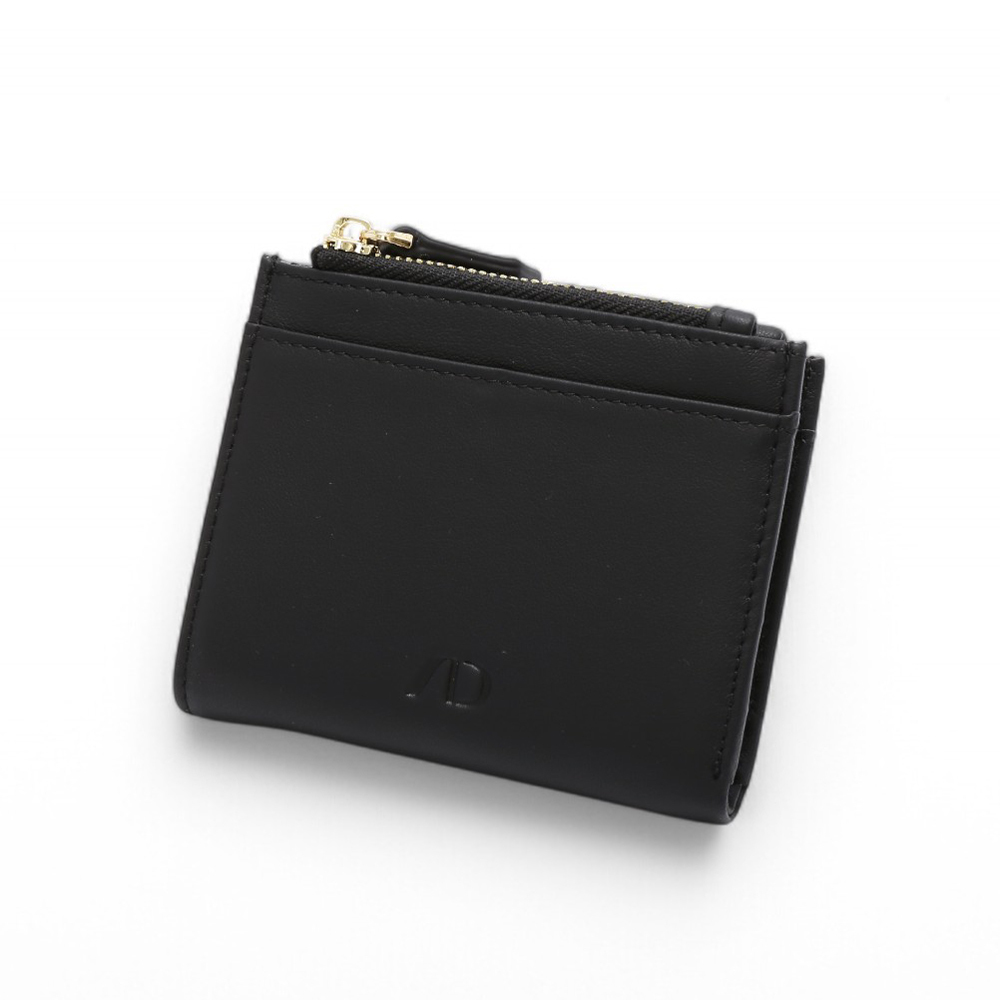 ANNA DOLLY 韓系真皮雙拉鍊摺疊短夾-曜石黑