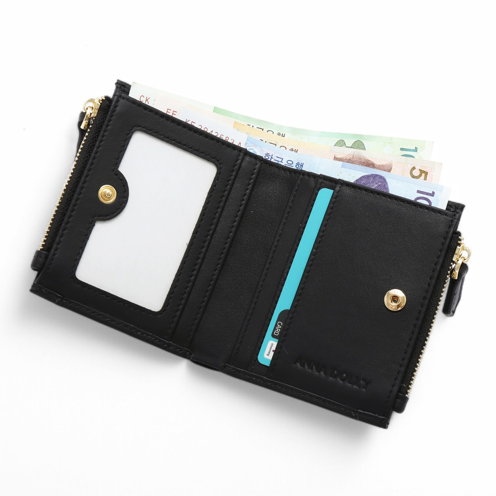 ANNA DOLLY 韓系真皮雙拉鍊摺疊短夾-曜石黑