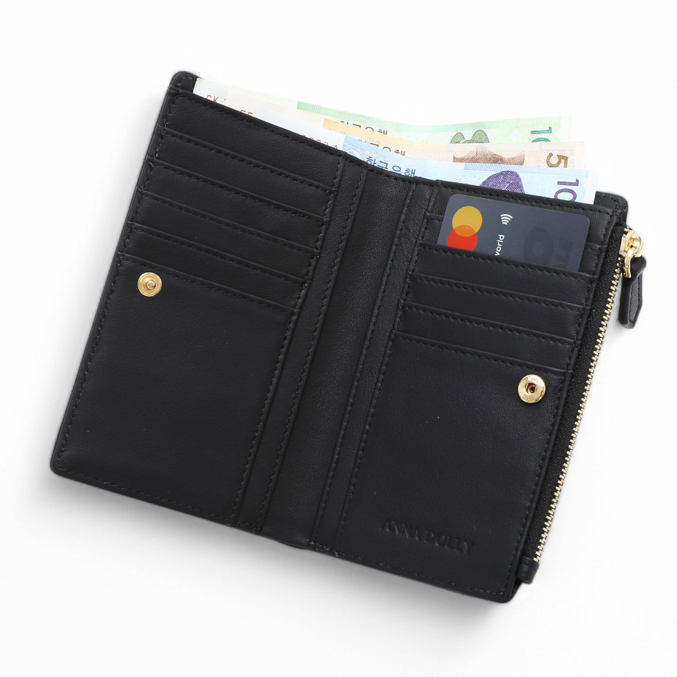 ANNA DOLLY 質感真皮大容量多卡位中夾 經典黑