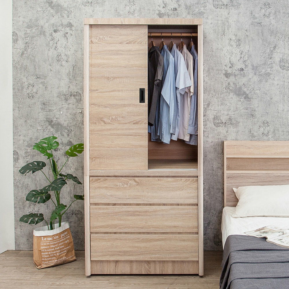 米恩3尺推門/拉門三抽收納衣櫃(六色可選)