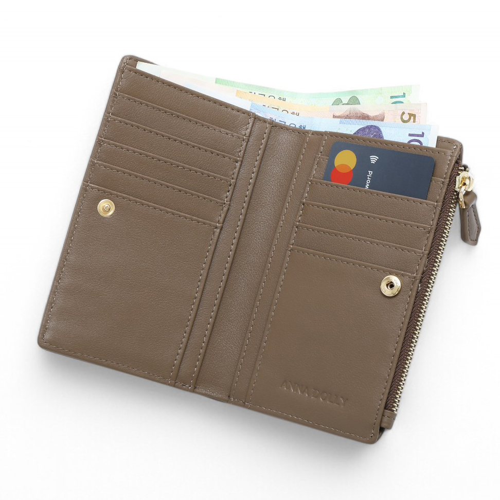 ANNA DOLLY 質感真皮大容量多卡位中夾 咖啡色