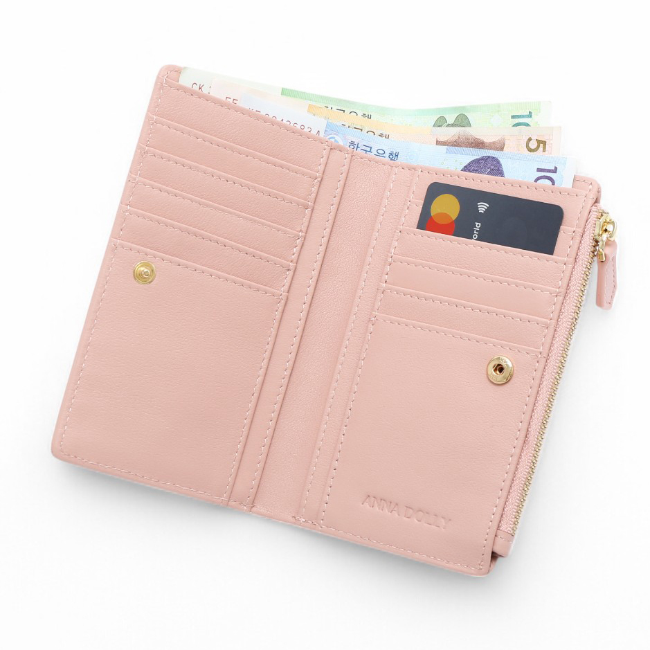 ANNA DOLLY 質感真皮大容量多卡位中夾 淺粉