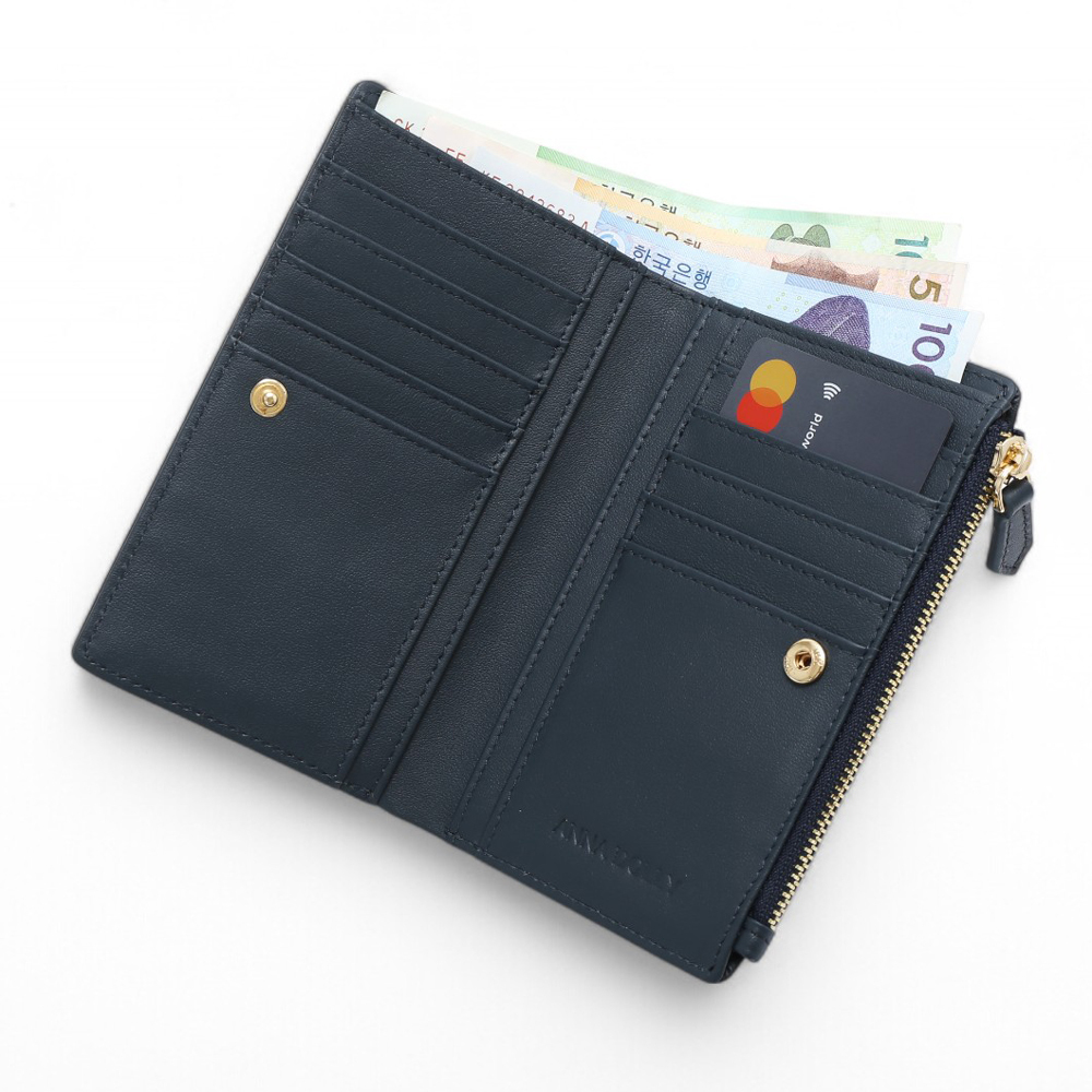 ANNA DOLLY 質感真皮大容量多卡位中夾 寶石藍